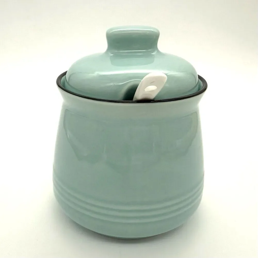 DAYYET Sugar Bowl w/Lid Spoon 10 oz Ceramic Turquoise Aqua Farmhouse Cottagecore